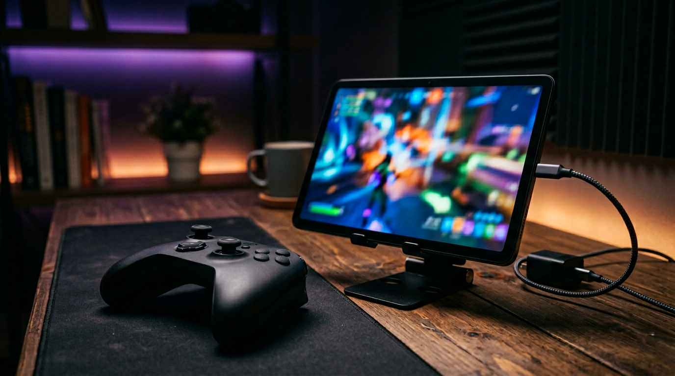 Consola y mando junto a un iPad usado como pantalla de juego