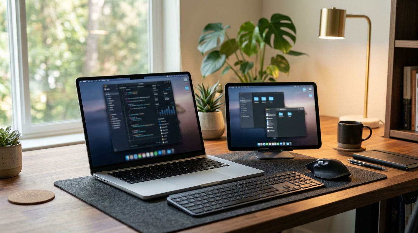 MacBook en escritorio con iPad como segunda pantalla