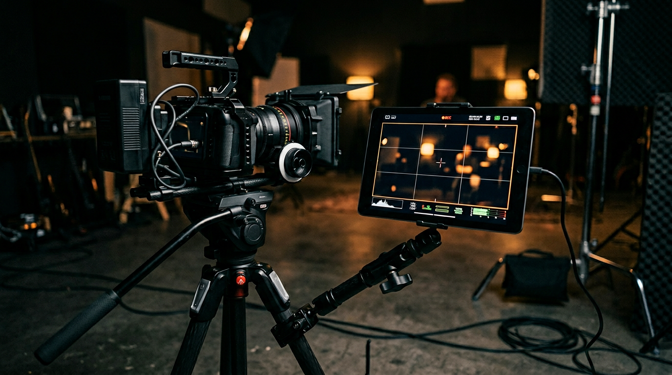 Cámara profesional en trípode con iPad como monitor de campo