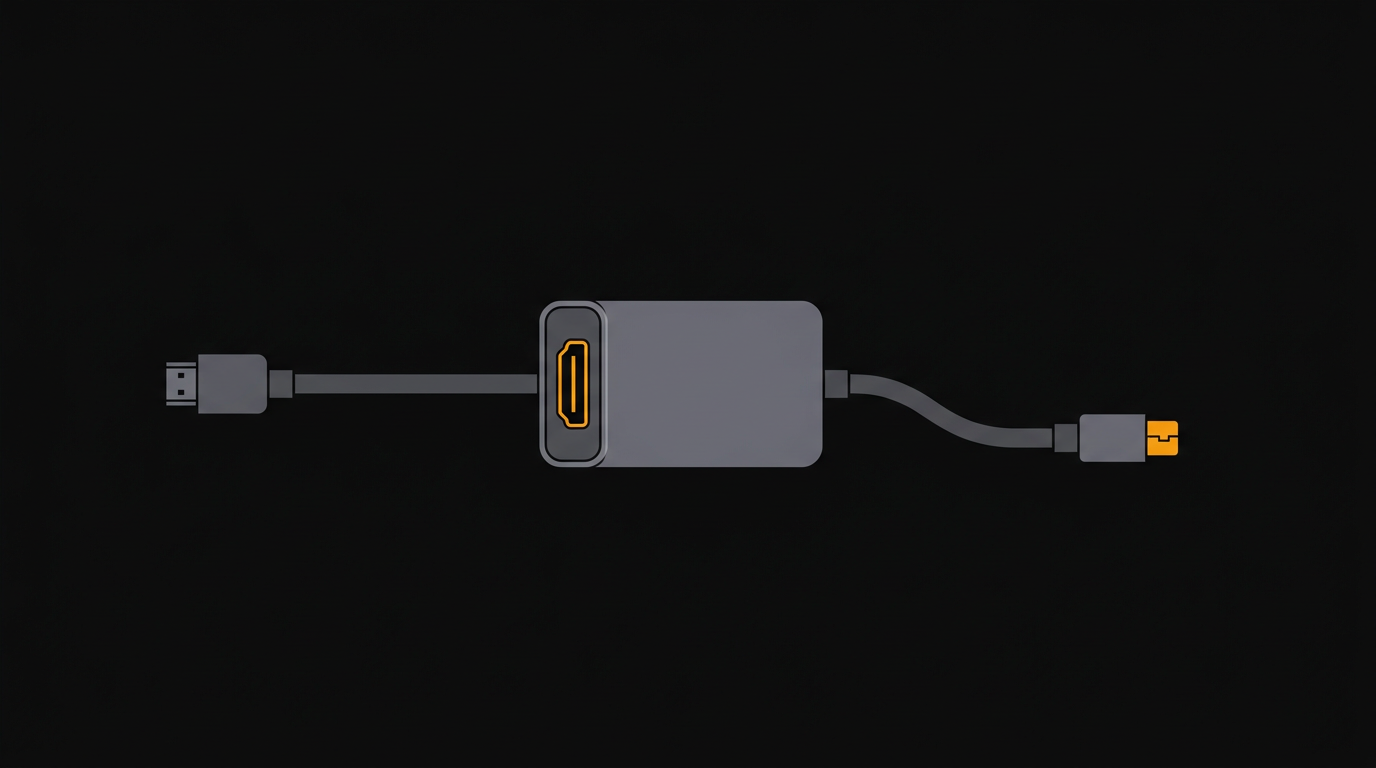 Ilustración minimalista: cable HDMI y adaptador de captura compacto.