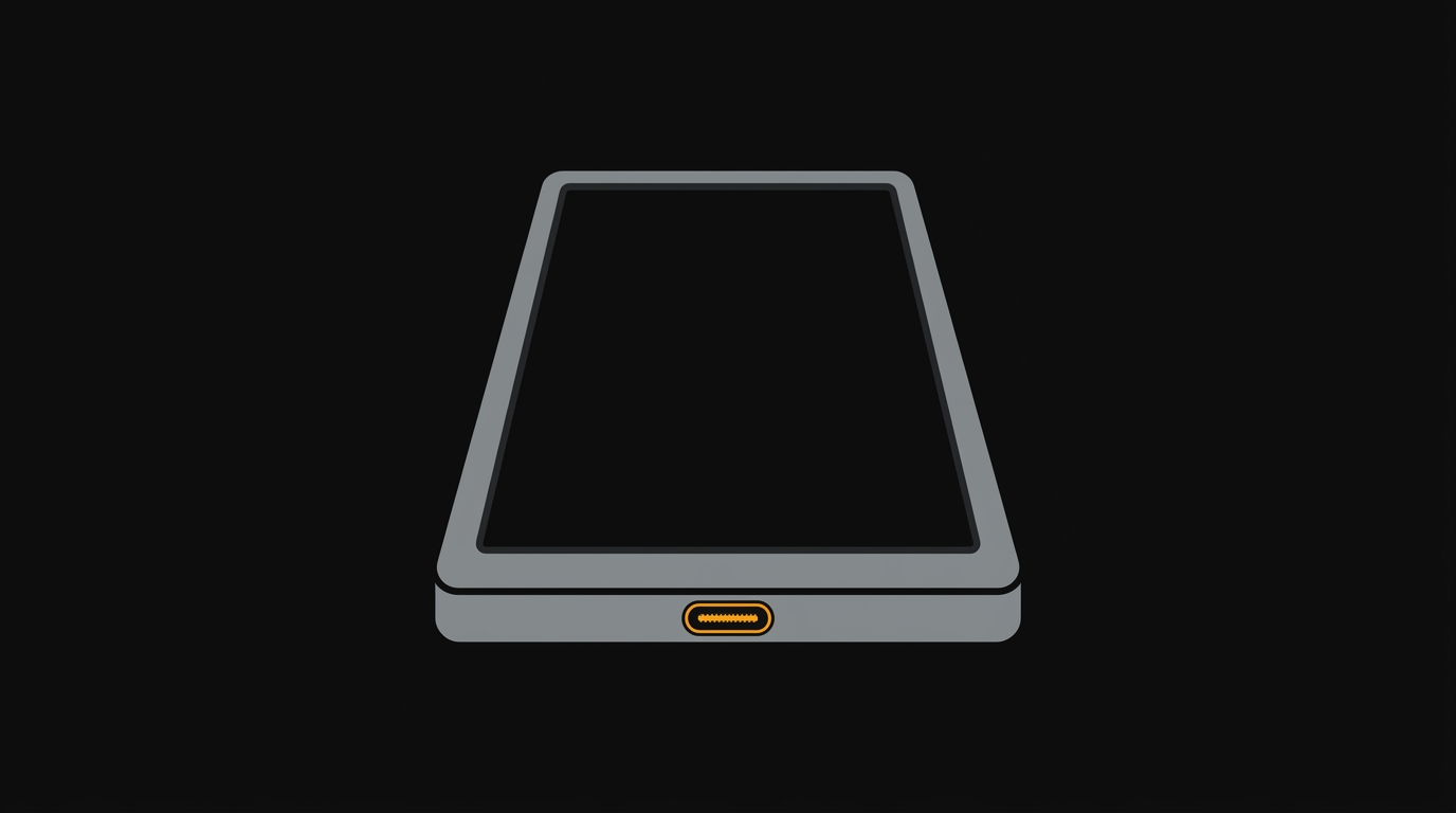 Ilustración minimalista: tablet con puerto USB‑C resaltado.