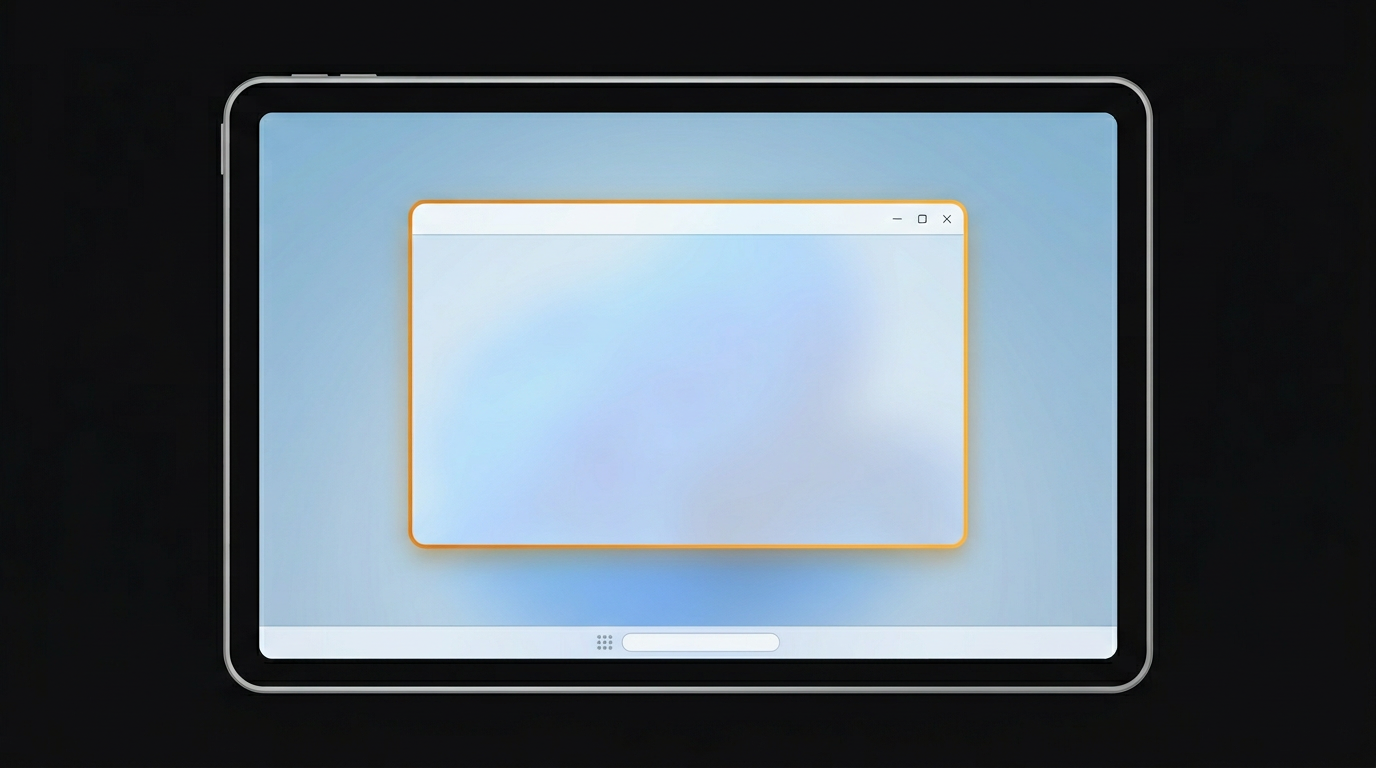 Ilustración: iPad en horizontal mostrando un escritorio tipo Windows (ventana y barra de tareas) como señal capturada.